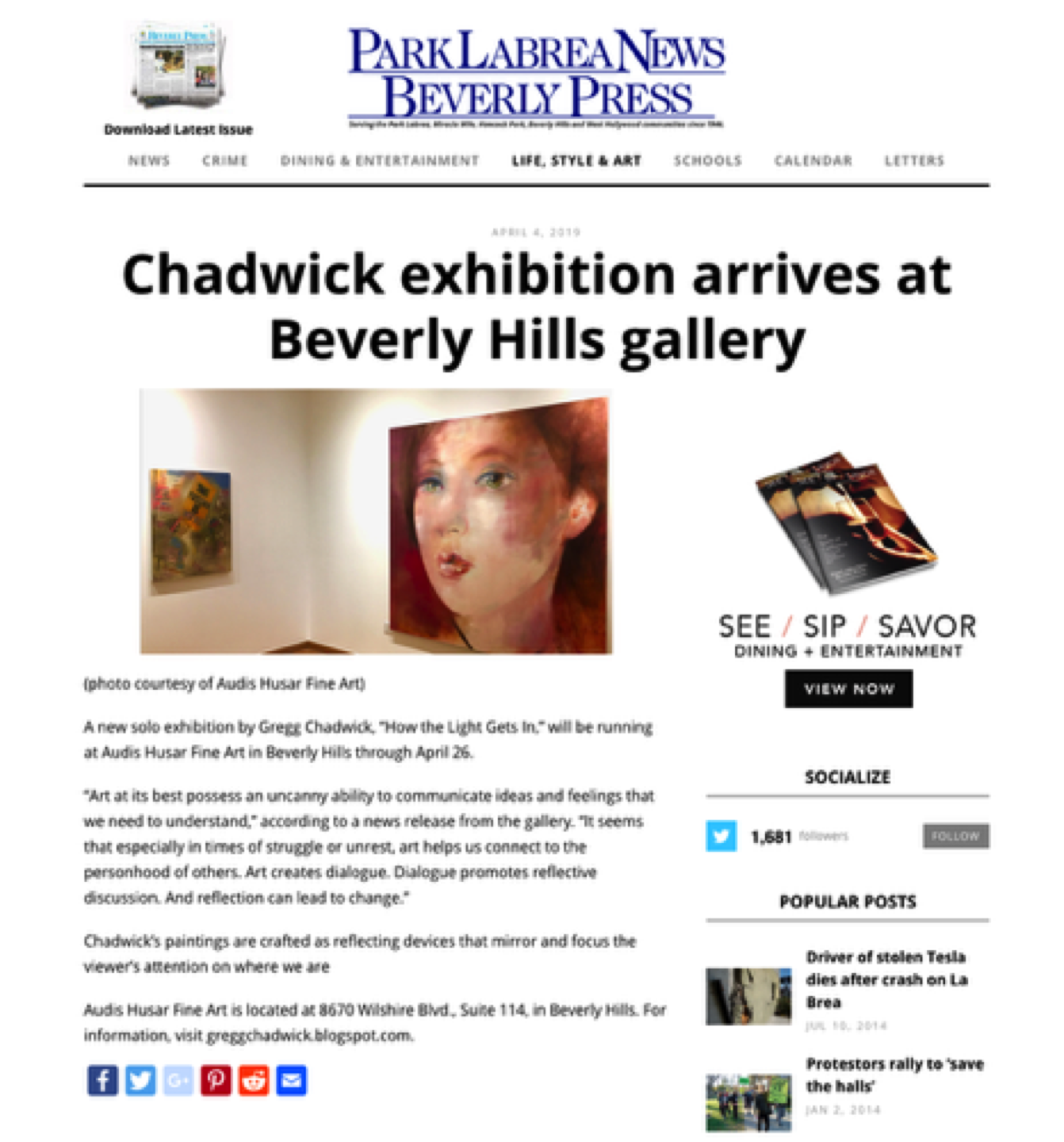 Park Labrea News/ Beverly Press Covers Gregg Chadwick's Solo Exhibition in Beverly Hills, 2019